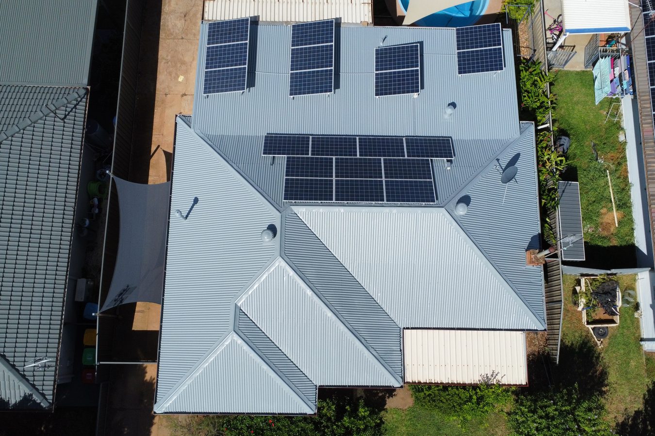 Aerial view of a restored grey metal roof