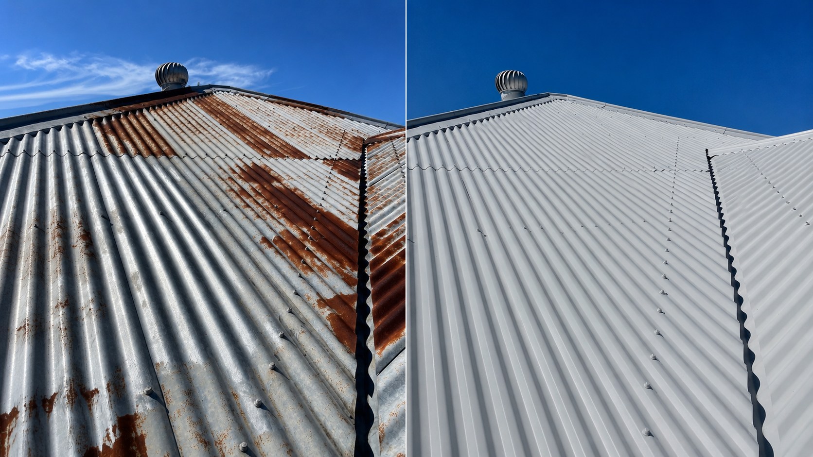 A rusted metal roof on the left and the same roof restored in fresh white on the right by Rhino Roof Painting